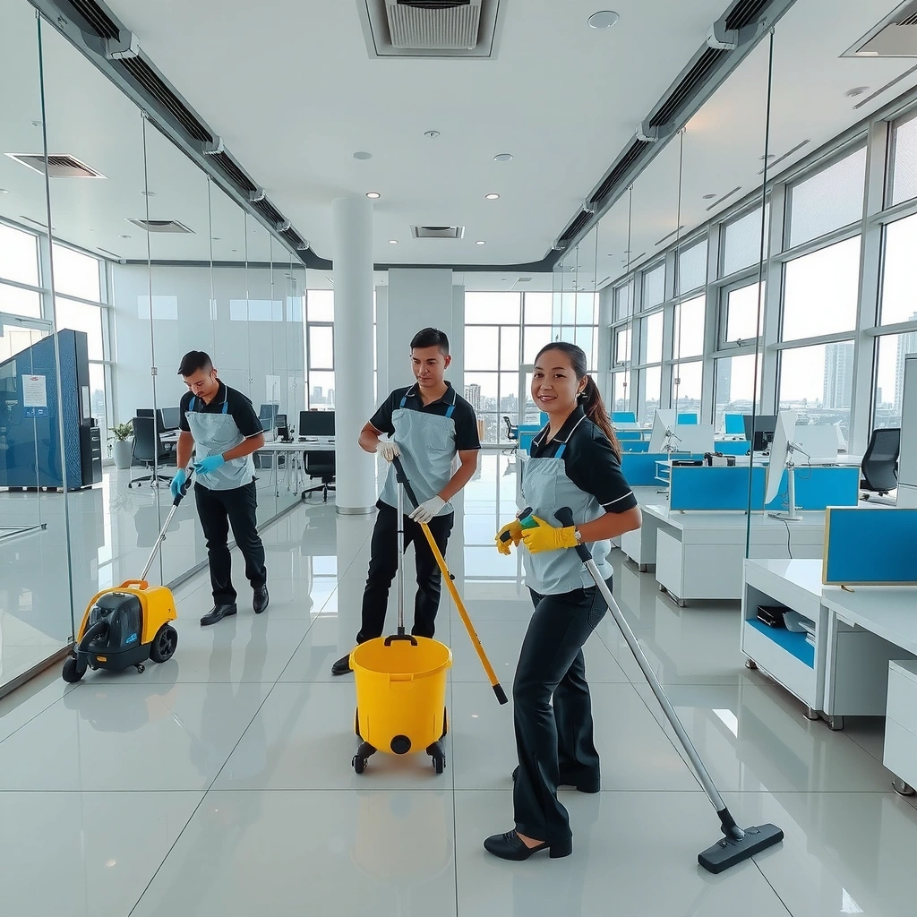 Professional cleaning team working in modern Metro Manila office